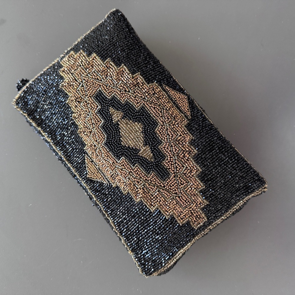 Hand-Beaded Vintage Black & Bronze Evening Clutch or Travel Bag